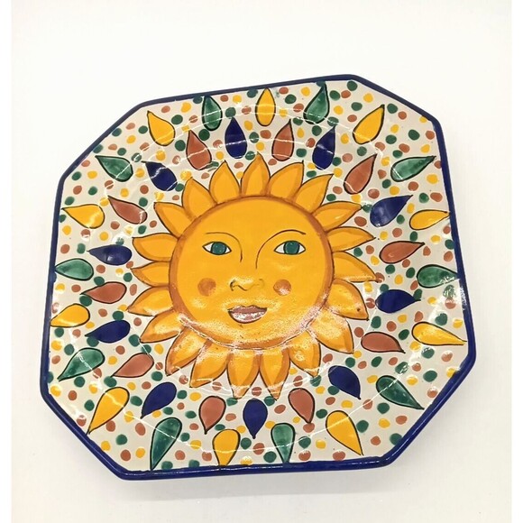 Mexican Art Pottery 12" Octagonal Lead Free Platter Redware Sun Flower Design - Picture 2 of 8